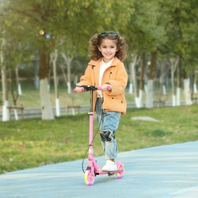 Qaba Scooter for Kids Ages 3-8 with Light Up Wheels, Adjustable Handlebar, Rear Brake & Handbrake for Girls and Boys, Pink