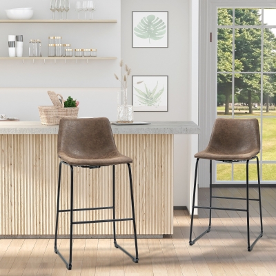 HOMCOM 28.7" Bar Height Bar Stools Set of 2, Vintage PU Leather Bar Chairs, Kitchen Stools with Footrest for Home Bar, Tan Brown