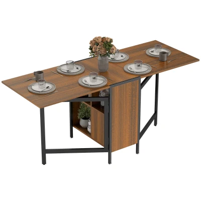 HOMCOM Multi-use Foldable Table with Hideaway Shelves, Drop Leaf Table for Kitchen, Dining, Study and Office, Brown