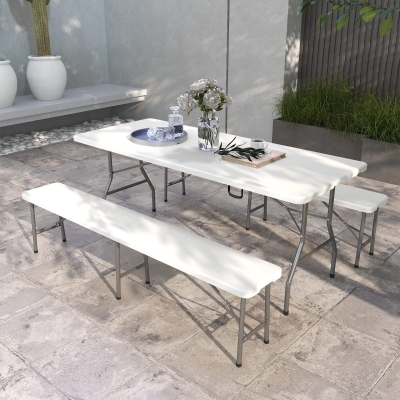 Outsunny Folding Picnic Table with 2 Benches, 3-Piece Portable Outdoor Picnic Table Bench Set for 6, Patio Dining Table Set with Plastic Top, Steel Frame for Garden, White