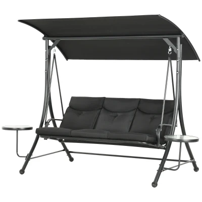 Outsunny 3 Seat Outdoor Swing Chair Steel Swing Bench Porch Swing With Adjustable Canopy & Coffee Tables & Cushion for Patio Garden, Black