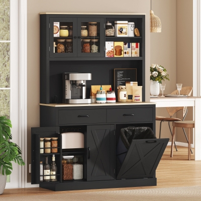 HOMCOM 69" Kitchen Pantry Cabinet with Charging Station Kitchen Cabinet with Microwave Stand 7 Gallon Trash Can Cabinet Black