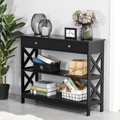HOMCOM 39" Console Table, Narrow Entryway Table with Storage Shelves, Drawers and X Frame for Behind Couch, Living Room, Hallway, Black