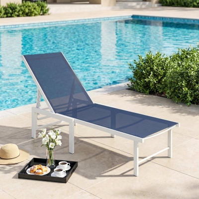 Outsunny Outdoor Lounge Chair, 5-Position Reclining Outdoor Chaise Lounge Tanning Chair with Mesh Seat, Dark Blue