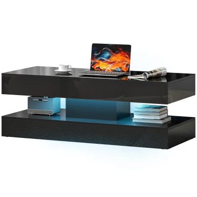 HOMCOM Coffee Table with Adjustable LED Lights, Modern Living Room Table with 2 Drawers, Open Shelf, Remote, High Gloss Black