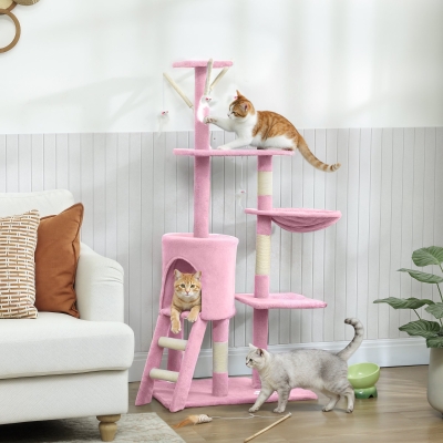 PawHut 53" Cat Tree Tower, Kitten Activity Centre with Scratching Posts, Condo, Perches, Ladder, Hammock, Dangling Toys, Pink