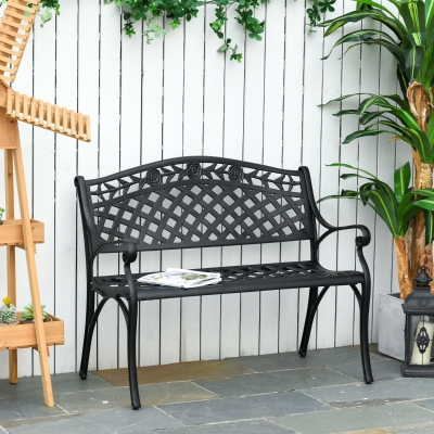 Outsunny Outdoor Garden Bench, 40" Patio Bench with Aluminum Frame and Armrests, 2-Person Patio Loveseat with Floral Pattern for Park, Porch, Yard, Lawn, 485 LBS Capacity