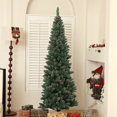 HOMCOM 6ft Artificial Pencil Christmas Tree with 618 Branches, Pinecones, Metal Stand, Realistic Xmas Tree for Home