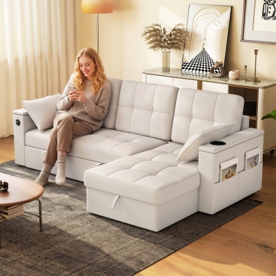 HOMCOM Convertible Sectional Sofa Bed, Pull Out Sleeper Sofa Couch with USB‑A+C, Chaise Storage, L-Shaped Futon Couch, Beige