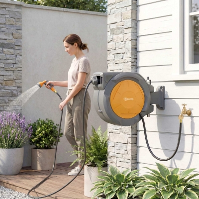 Outsunny 1/2 in x 100ft Wall Mounted Garden Hose Reel, Retractable Water Hose Reel with Auto Rewind, Any Length Lock, Orange