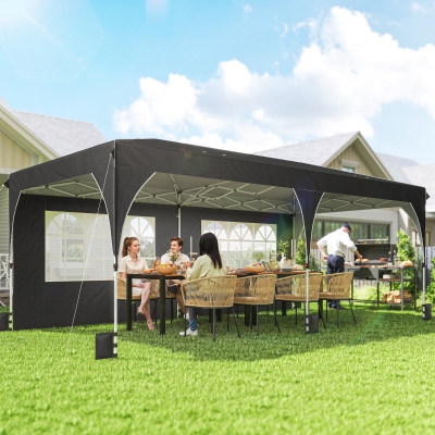 Outsunny 10 x 20 ft Pop Up Canopy Tent with Reflective Strips, UPF 50+ Easy up Instant Canopy with 6 Sandbags, Black