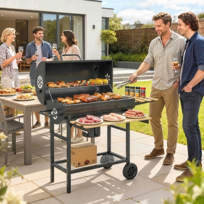 Outsunny Charcoal BBQ Grill with Foldable Shelves, Barbecue Grill with Warming Rack, Thermometer, Wheels, Natural Wood and Black