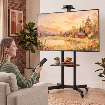 HOMCOM Rolling TV Stand for 32-75 Inch Screens, Mobile TV Stand with Tilt, Height Adjustable, Locking Wheels, Black