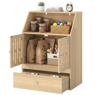 PawHut Dog Feeding Station Cabinet with 2 Elevated Bowls & Storage