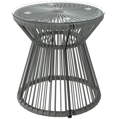 Outsunny Round End Table, Rattan Side Table, Hollow Drum Design Coffee Table w/ Glass Top for Patio, Garden, Balcony, Dark Grey