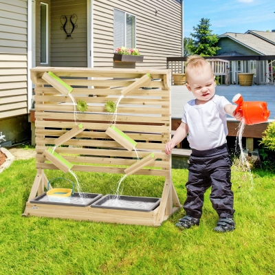 Outsunny 18 Pcs Kids Running Water and Sand Playset Outdoor with Sinks, Wooden Sensory Toys with Colorful Accessories, Gift for Boys and Girls, Aged 3-7 Years Old