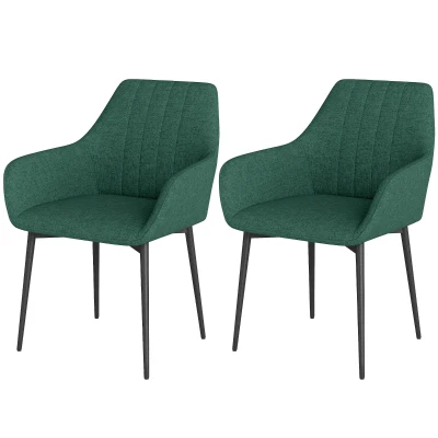 HOMCOM Dining Chairs Set of 2, Upholstered Linen Fabric Accent Chairs with Metal Legs, Dark Green