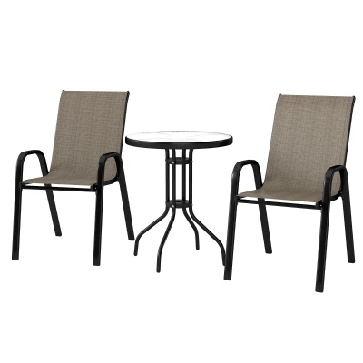 Outsunny 3 Pieces Bistro Set, Small Patio Furniture Set with Stackable Mesh Chairs, Glass Table for Garden, Light Mixed Brown