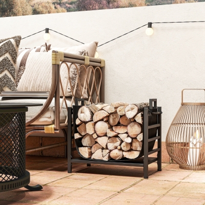 Outsunny Outdoor Firewood Rack with Log Carrier, Heavy Duty Steel Wood Log Storage Stacker for Fireplace, Black