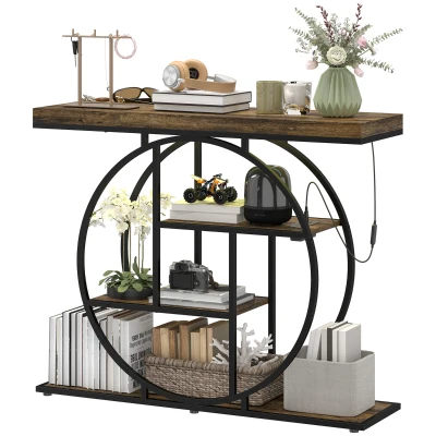 HOMCOM 4-Tier Entryway Table with Charging Station LED Lights 39" Console Table with Circle Base for Living Room, Rustic Brown
