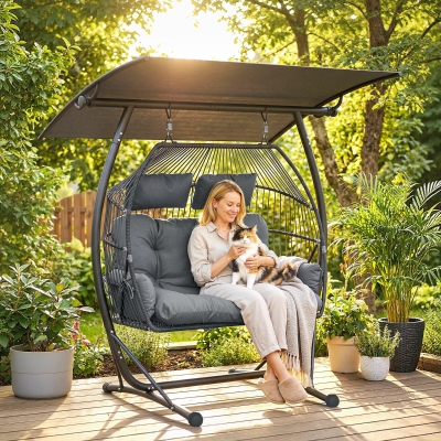 Outsunny Hanging Double Egg Chair Outdoor Egg Swing Chair with Canopy, Cushion, Stand, Dark Grey