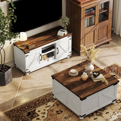 HOMCOM TV Stand and Coffee Table Set, TV Console Table for up to 50" TV , Center Table with Hinged Lift Top , Distressed White