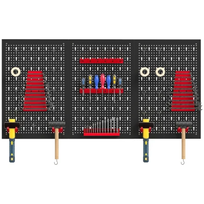 HOMCOM 28 Piece Metal Peg Board with Accessories, Shelf Tool Organizer, Black and Red