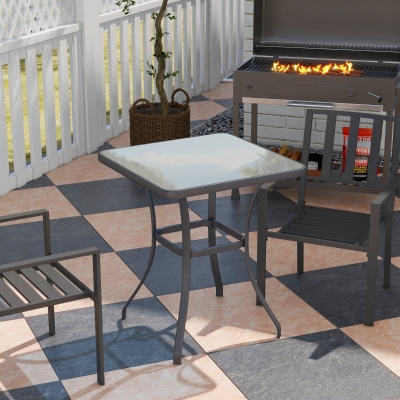 Outsunny 27" Patio Square Table with Tempered Glass Top Outdoor Dining Bar Table Steel Backyard Bistro Table Steel Frame