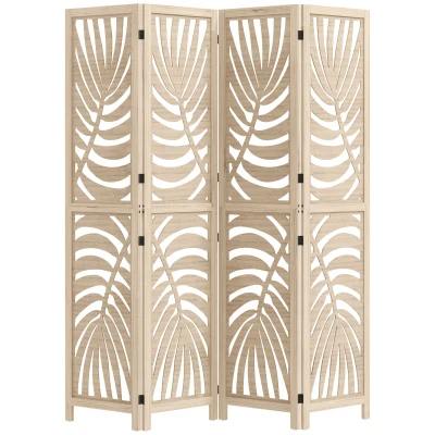 HOMCOM 4 Panel Room Divider, Detachable Folding Privacy Screens with Palm Leaf Design for Home Office, Natural Wood Finish