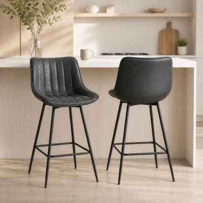 HOMCOM Set of 2 Counter Height Barstools, PU Leather Upholstered Bar Stools with Backrest, Footrest and Steel Legs, Black