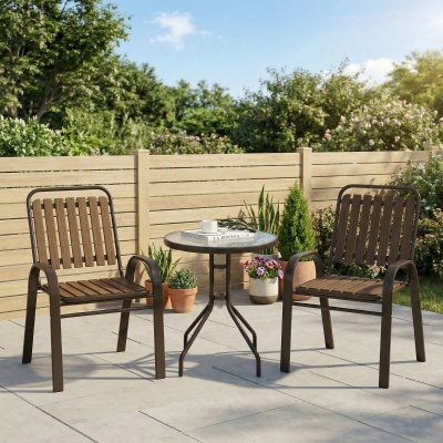 Outsunny 3 Pieces Patio Bistro Set, 2 Stackable Chairs with Tempered Glass Table, for Outdoor, Garden Backyard Porch, Dark Brown