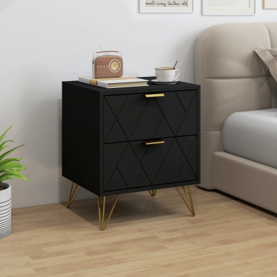 HOMCOM Modern Bedside Table, Accent Nightstand with 2 Drawers, Bed End Table for Bedroom, Black