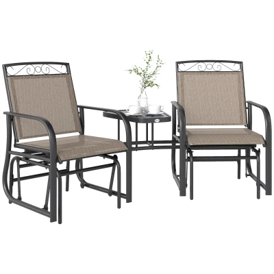 Outsunny Outdoor Glider Bench with Coffee Table, Patio 2-Seat Rocking Chair Swing Loveseat with Breathable Sling for Backyard Garden Porch, Brown