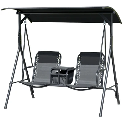 Outsunny 2 Person Covered Porch Swing Patio Swing with Pivot Storage Table, Cup Holder, & Adjustable Overhead Canopy, Black