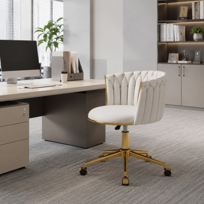HOMCOM Office Chair, Vanity Chair with Woven Back, Adjustable Height, Rolling Wheels, Cream White