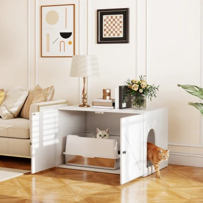 PawHut Cat Litter Box Enclosure with Barn Door, White, 31.5"