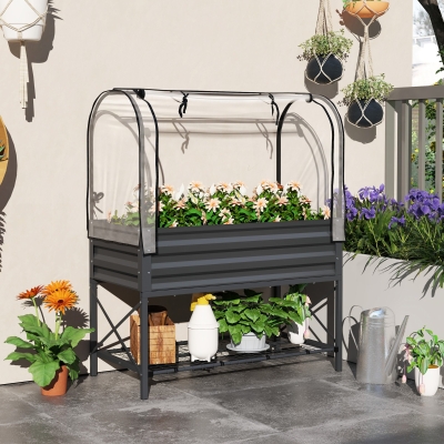 Outsunny Raised Garden Bed with Cover, Metal Elevated Planter Box with Bottom Shelf and Liner, Dark Grey