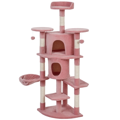 PawHut 62" Cat Tree with Scratching Post, 2 Condos, Hammock, Perches, Plush, Pompoms, for Indoor Cats, Pink