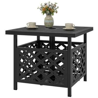 Outsunny 22" Outdoor Coffee Table, Patio Side Table with Umbrella Hole Slatted, Metal Top, for Garden, Backyard, Poolside, Black
