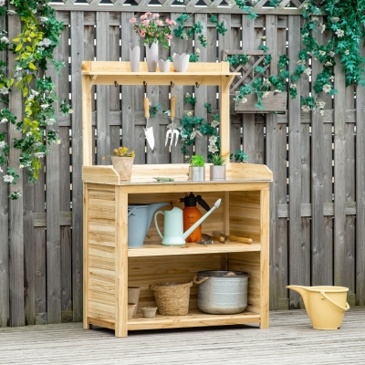 Outsunny Potting Bench Table, Wooden Garden Workstation Bench with Galvanized Metal Tabletop, Storage Shelves and Hooks for Patios, Courtyards, Balcony