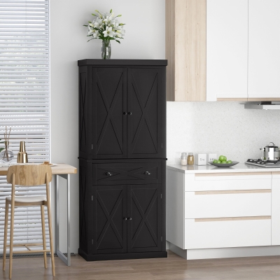HOMCOM 72.5" Kitchen Pantry Cabinet, Freestanding Storage Cabinet with 4 Doors, Drawer and Adjustable Shelves, Black