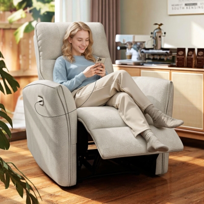 HOMCOM Power Recliner Chair, Dyed Fabric (Like Leathaire) Upholstered Recliner Chair with USB Ports, Footrest, Beige
