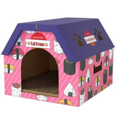 PawHut Cat Scratcher House, 2-in-1 Cardboard Cat Scratching Pad with Door, 4 Paw-Shaped Vents and Grass for Indoor, Pink