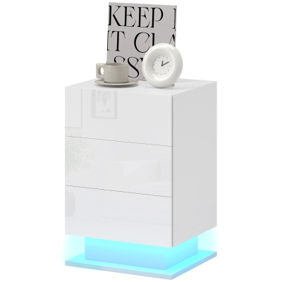 HOMCOM Modern LED Nightstand Bedside Table with Adjustable Colour Lighting & 3 Drawers, APP Control, Glossy White