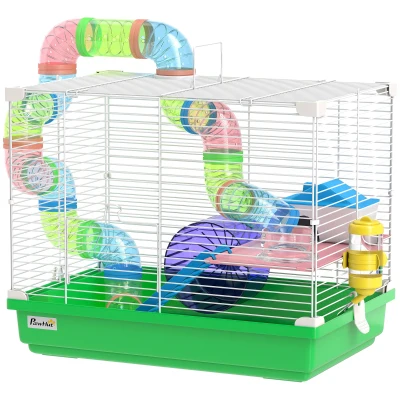 PawHut 18"L Hamster Cage, Small Animal House, 2-Level Rat Gerbil Haven with Tunnel Tube System, Green