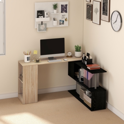 HOMCOM 55" Corner Computer Desk, 360° Rotating L-Shaped Desk, Home Office Workstation with 3-Tier Shelves, Bookshelf