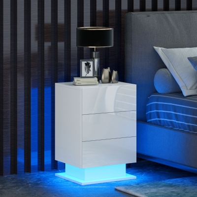 HOMCOM Modern LED Nightstand Bedside Table with Adjustable Colour Lighting & 3 Drawers, APP Control, Glossy White