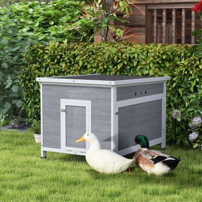 PawHut Duck Coop, Wooden Chicken House Rabbit Hutch with Openable Roof, Removable Floor, Double Doors, Ramp, Grey