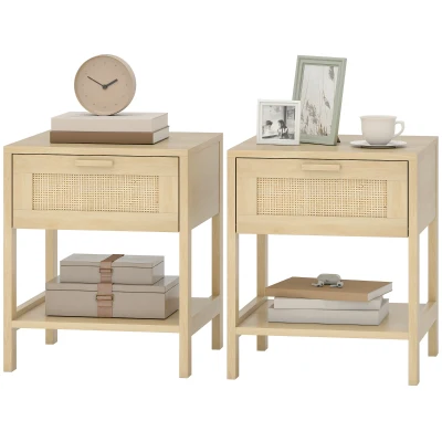 HOMCOM Narrow Nightstand with Rattan Elements, Bedside Table with Drawer and Storage Shelf for Bedroom, Set of 2, Natural Wood