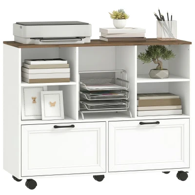 HOMCOM Lateral Mobile Filing Cabinet, 2 Drawer File Cabinet with Wheels, Adjustable Hanging Bars, Walnut and White